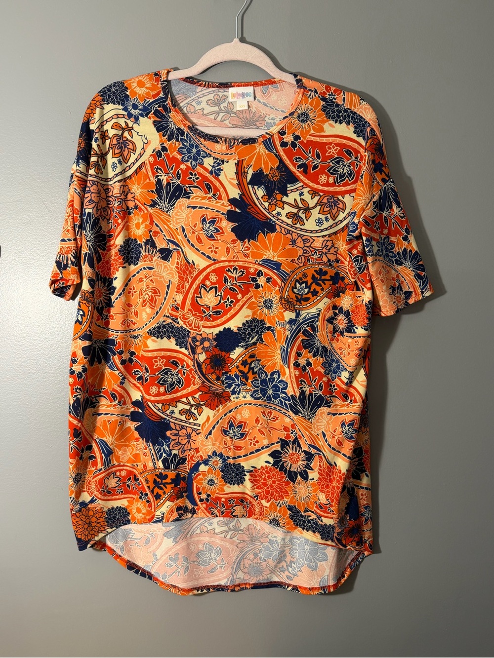 LuLaRoe Irma  Orange Navy Paisley Floral Classic hi low tunic